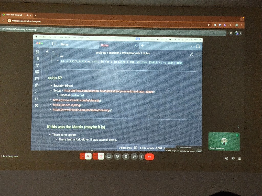 Projected Obsidian notes and terminal setup during Saurabh Hirani's session