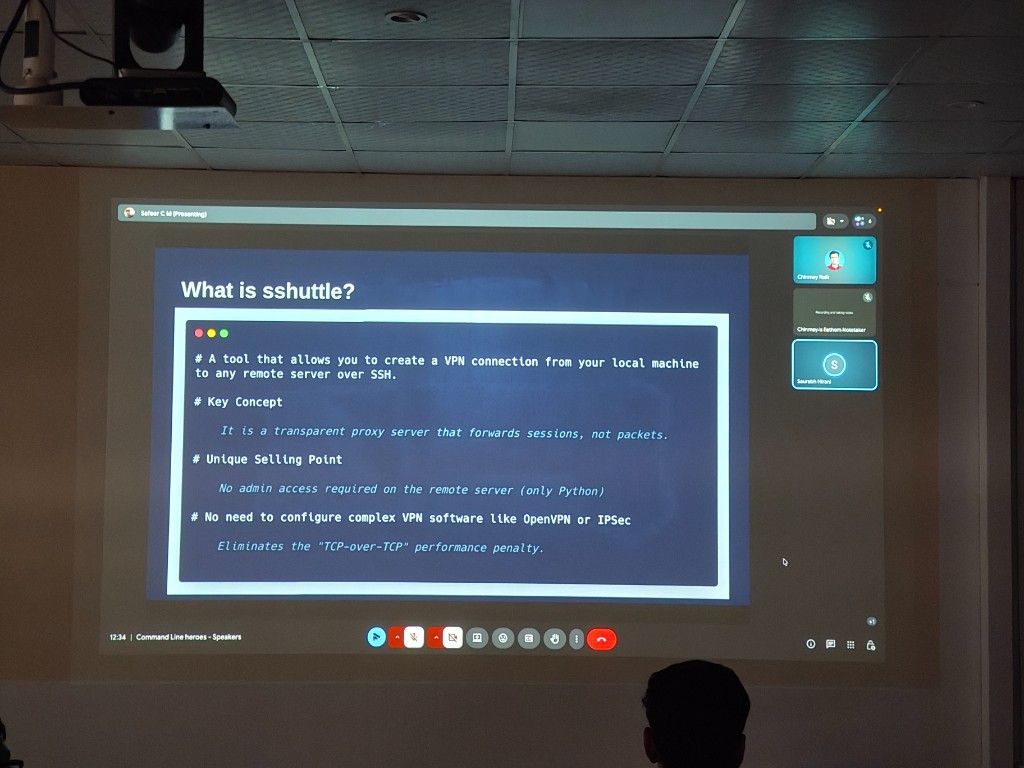 Projected sshuttle slide explaining command-line VPN concepts during Episode 3