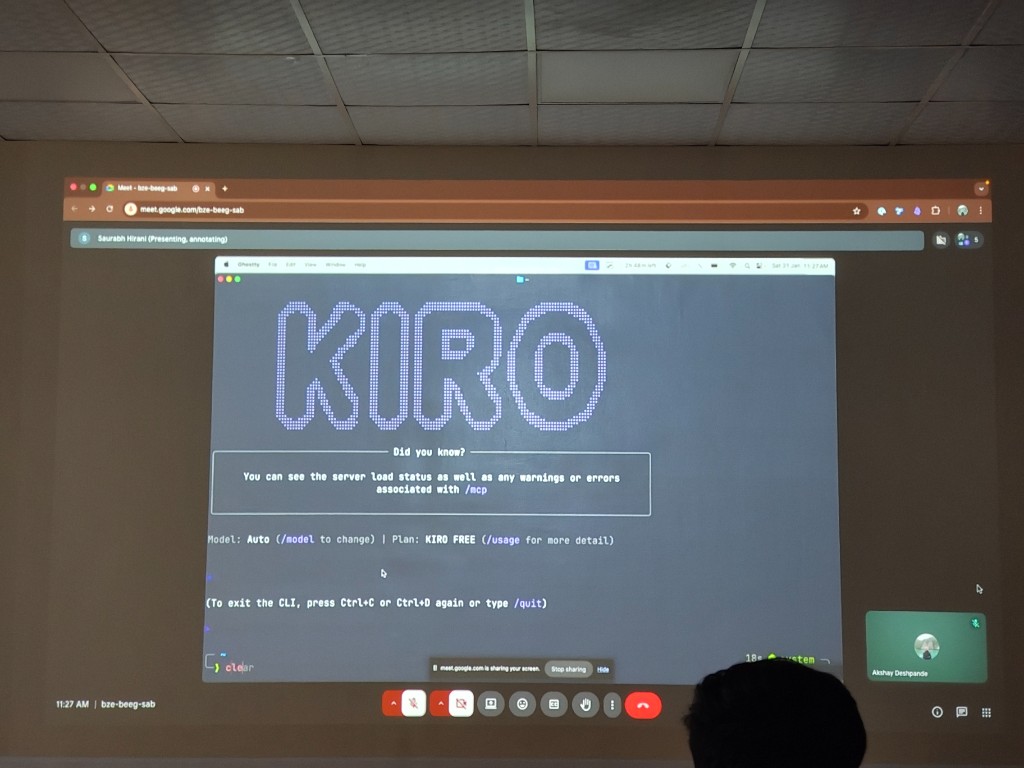 Projected KIRO CLI screen during live terminal presentation