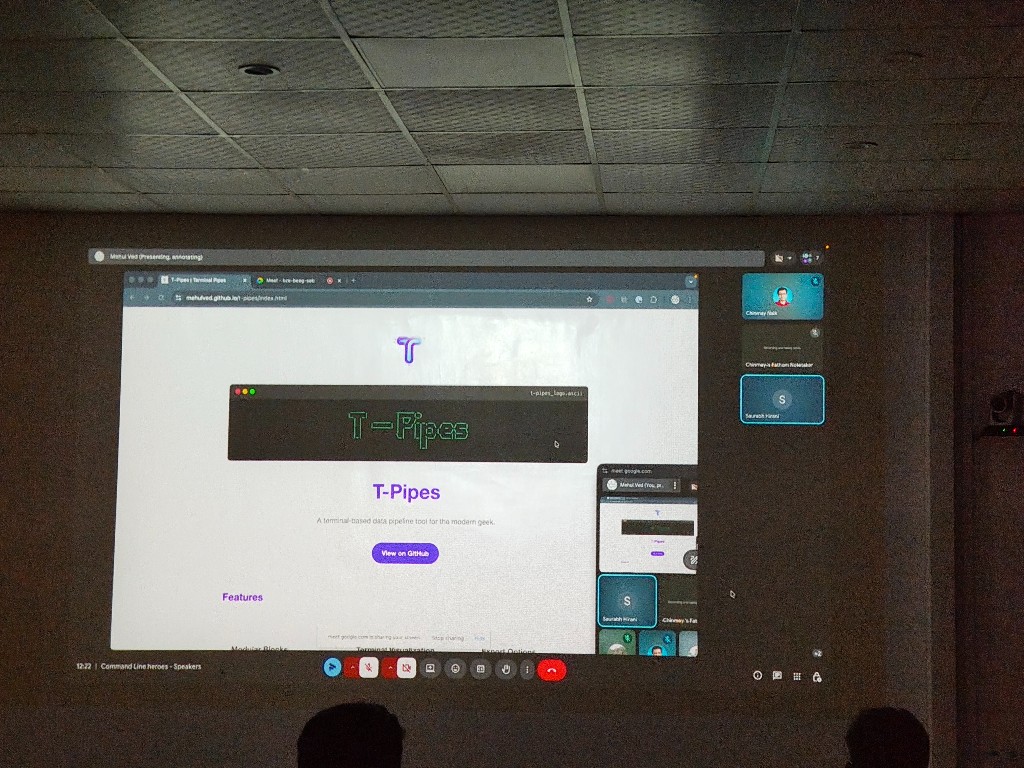 Projected T-Pipes website demo during Command Line Heroes Episode 3