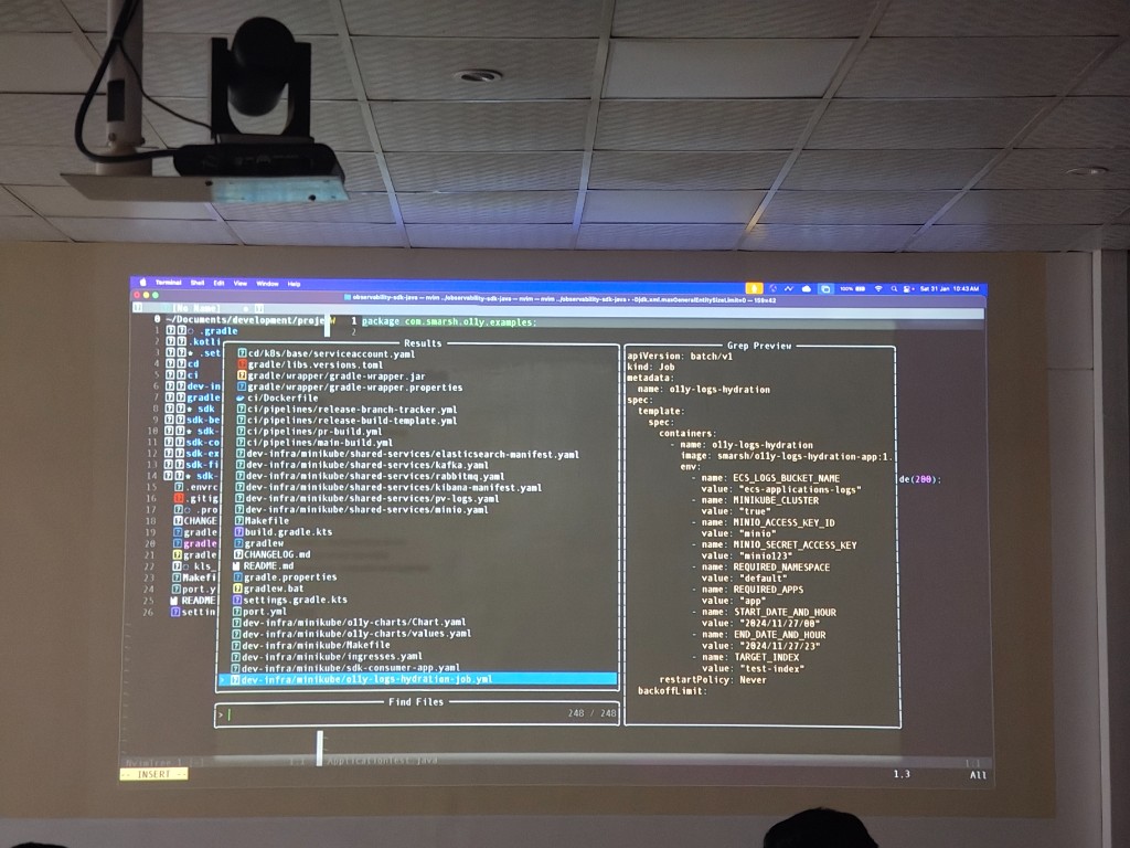 Projected terminal with fuzzy file finder and YAML preview split during a live demo