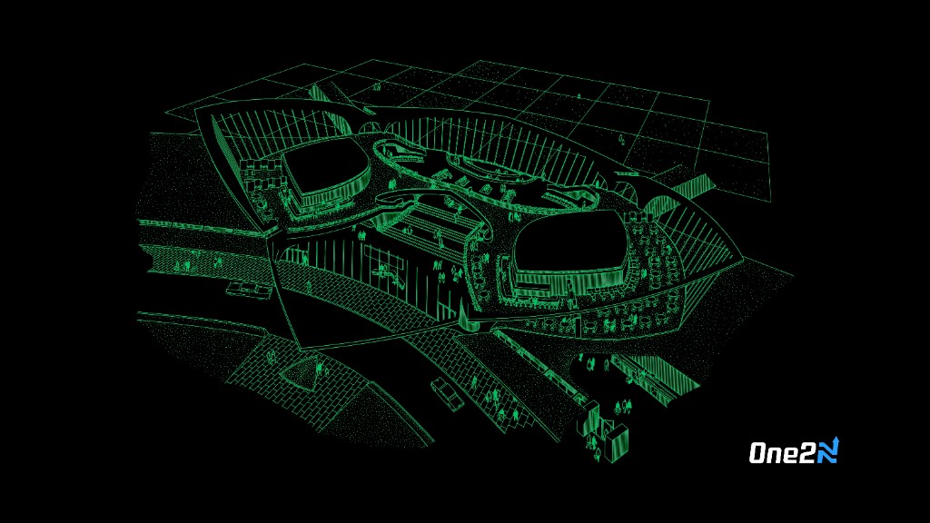 Neon green wireframe city wallpaper with One2N logo