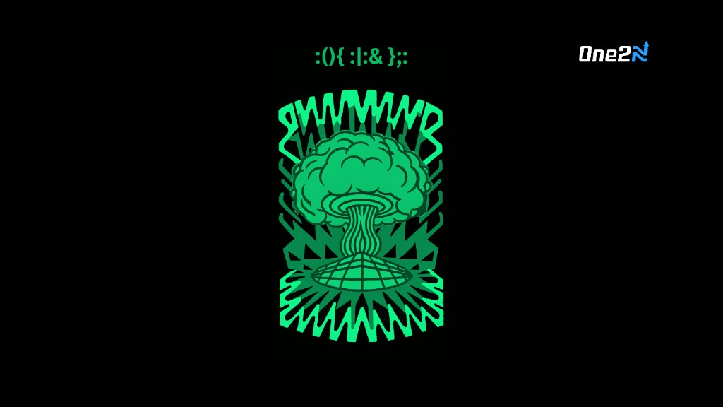 Neon mushroom cloud style illustration with terminal symbols and One2N logo