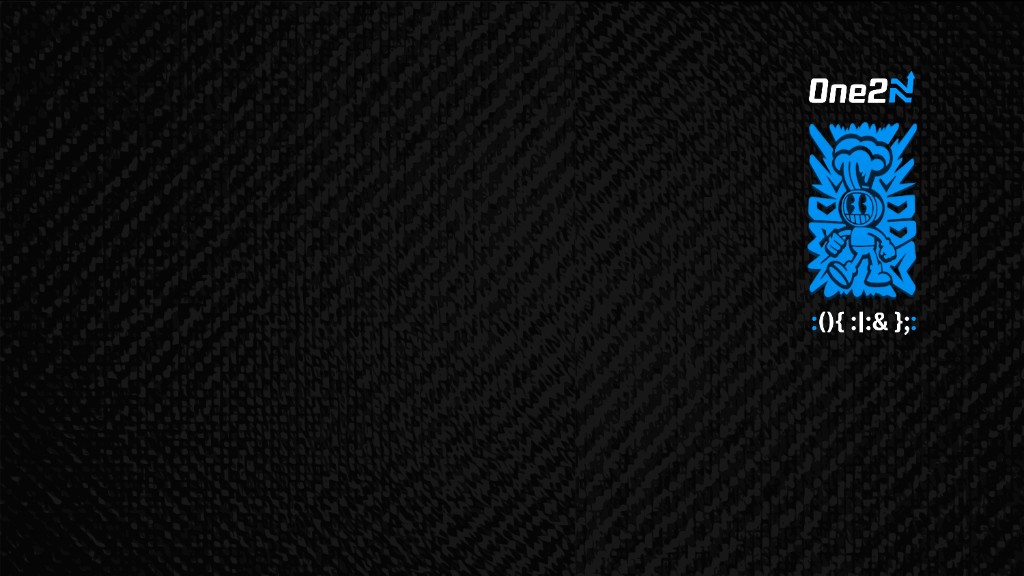Dark textured wallpaper with blue mascot art and One2N logo